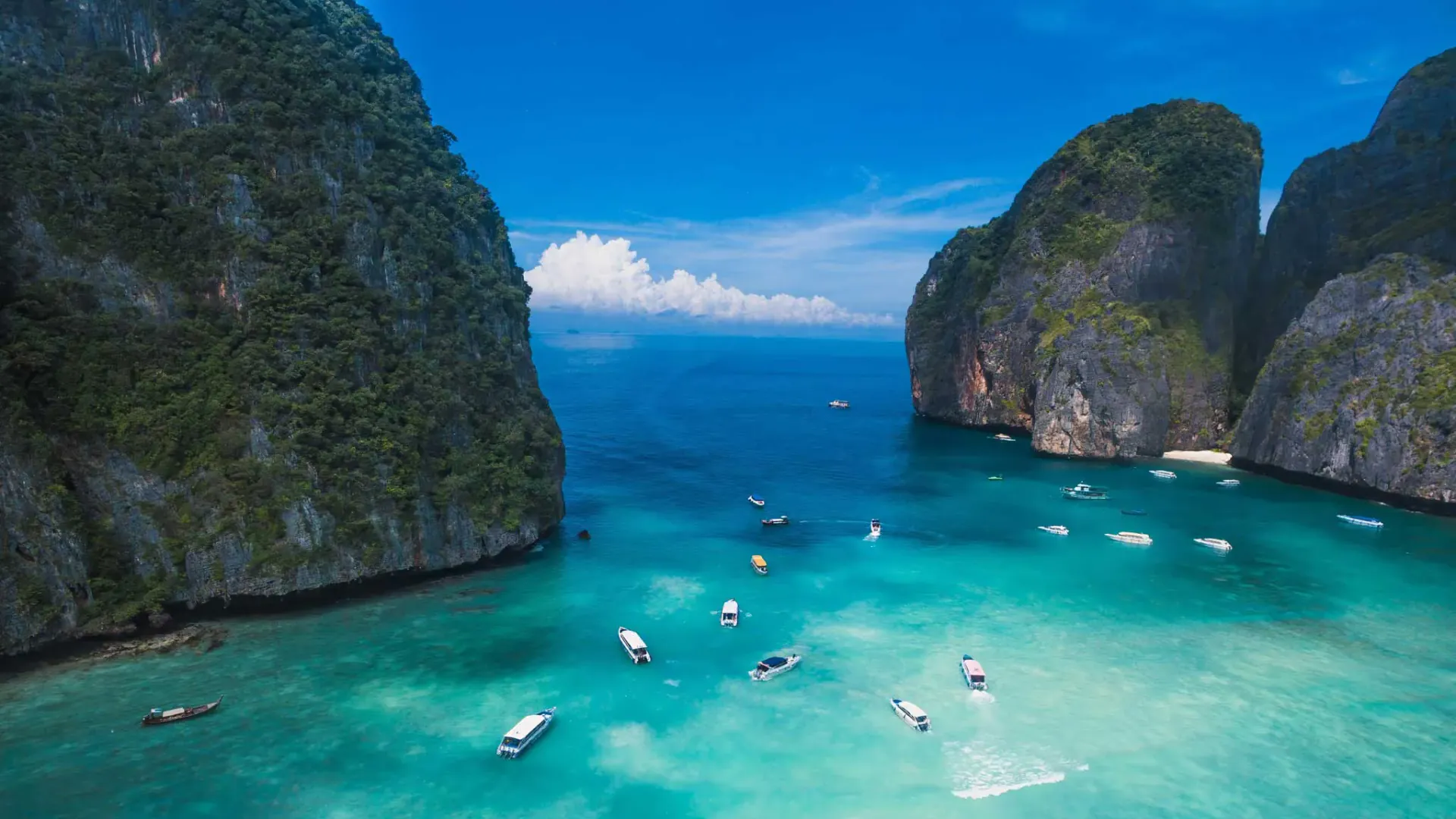 Scenic view of Maya Bay, Thailand with crystal clear waters and limestone cliffs