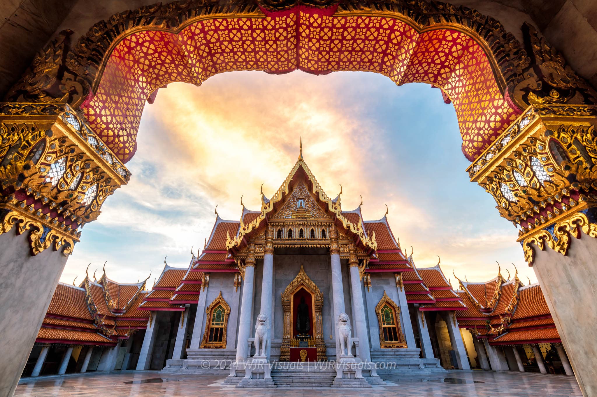 A panoramic view of Bangkok's skyline at sunset