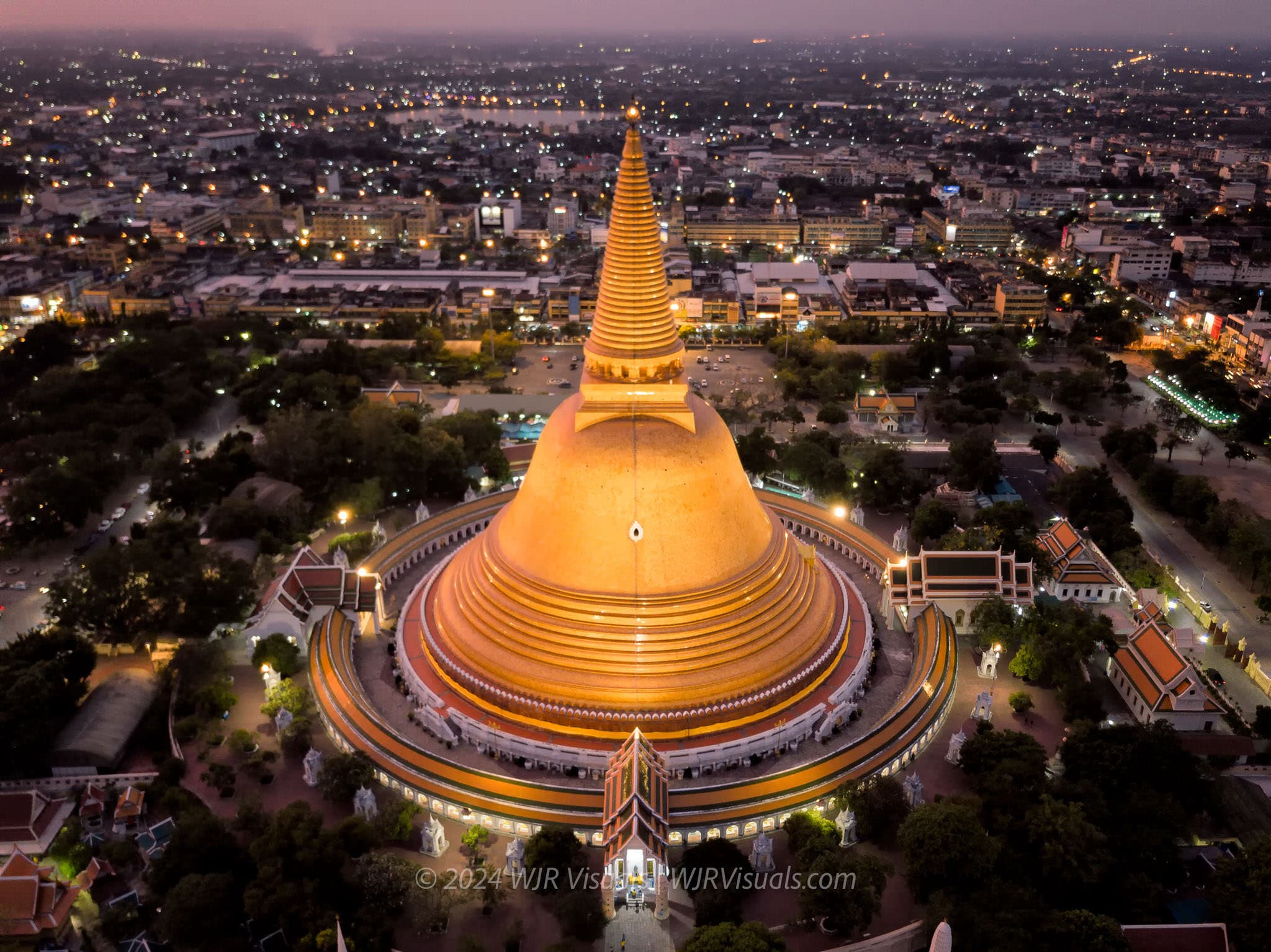 Phra Pathom Chedi and surrounding area at sunset